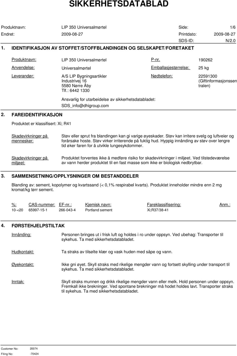 : 6442 1330 Nødtelefon: 22591300 (Giftinformasjonssen tralen) Ansvarlig for utarbeidelse av sikkerhetsdatabladet: SDS_info@dhigroup.com 2.