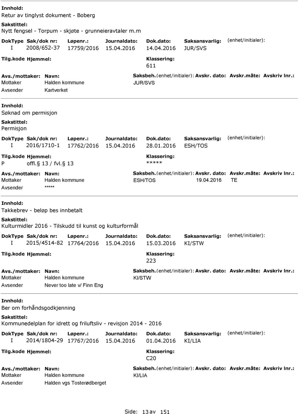 03.2016 K/STW 223 Avs./mottaker: Navn: Saksbeh. Avskr. dato: Avskr.måte: Avskriv lnr.