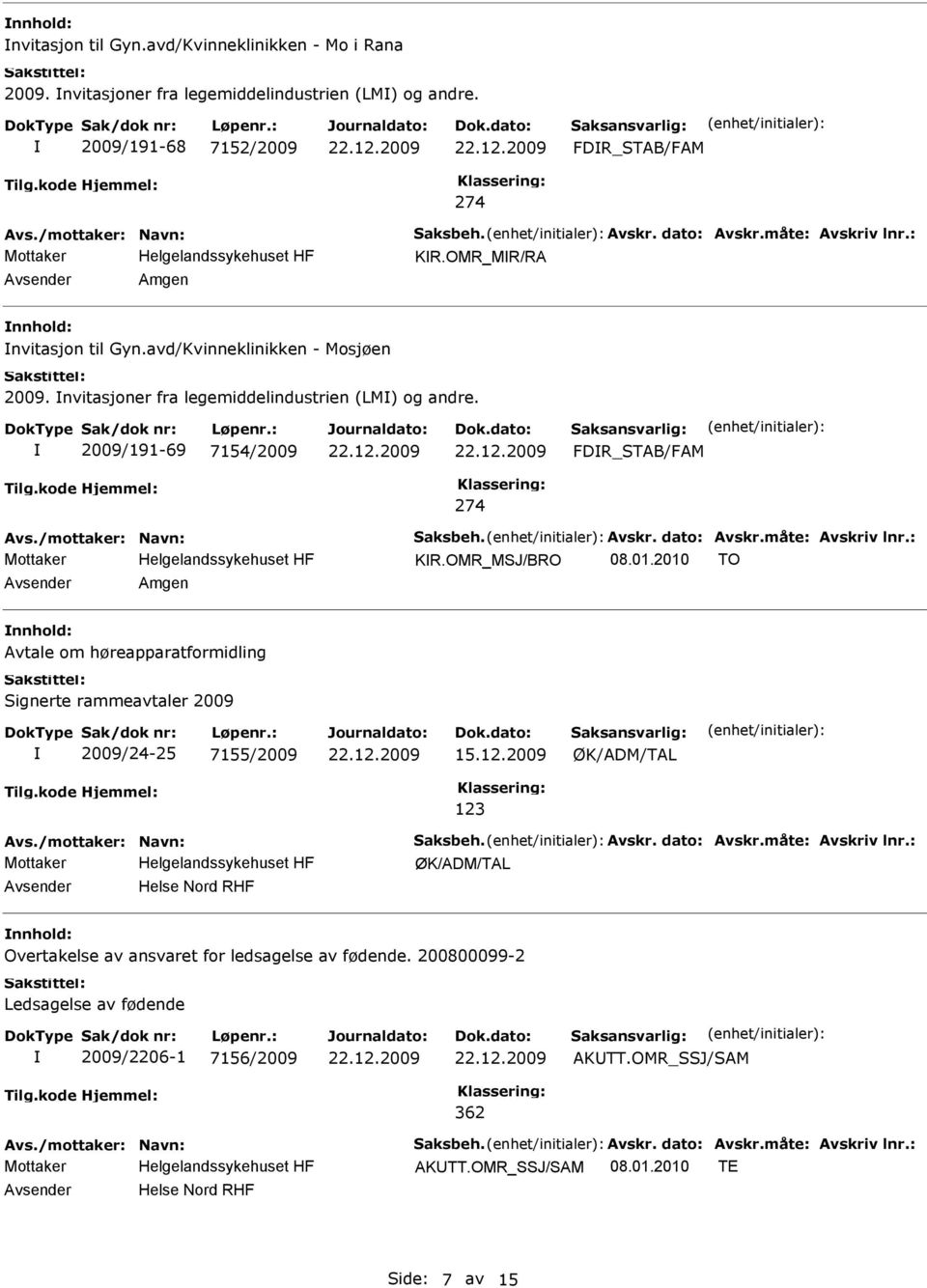 2009/191-69 7154/2009 FDR_STAB/FAM 274 KR.OMR_MSJ/BRO 08.01.2010 TO Amgen nnhold: Avtale om høreapparatformidling Signerte rammeavtaler 2009 2009/24-25 7155/2009 15.12.