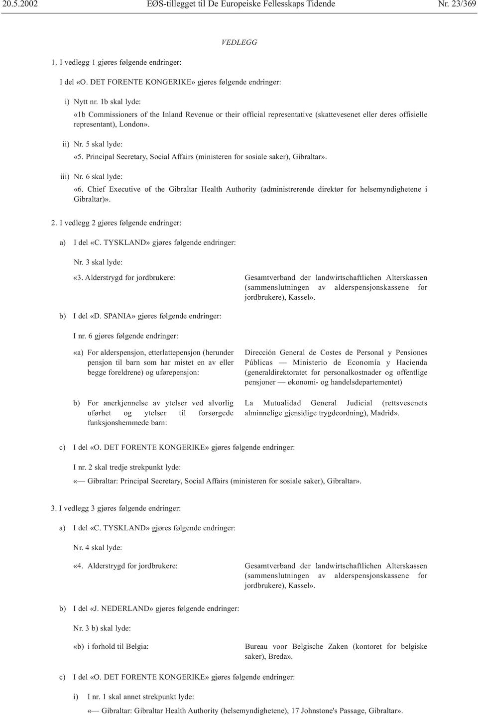 Principal Secretary, Social Affairs (ministeren for sosiale saker), Gibraltar». iii) Nr. 6 skal lyde: «6.