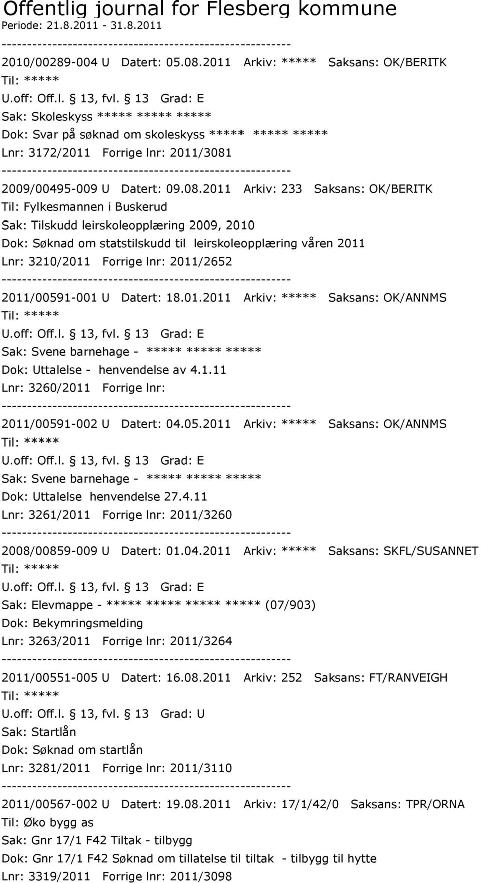 08.2011 Arkiv: 233 Saksans: OK/BERITK Til: Fylkesmannen i Buskerud Sak: Tilskudd leirskoleopplæring 2009, 2010 Dok: Søknad om statstilskudd til leirskoleopplæring våren 2011 Lnr: 3210/2011 Forrige