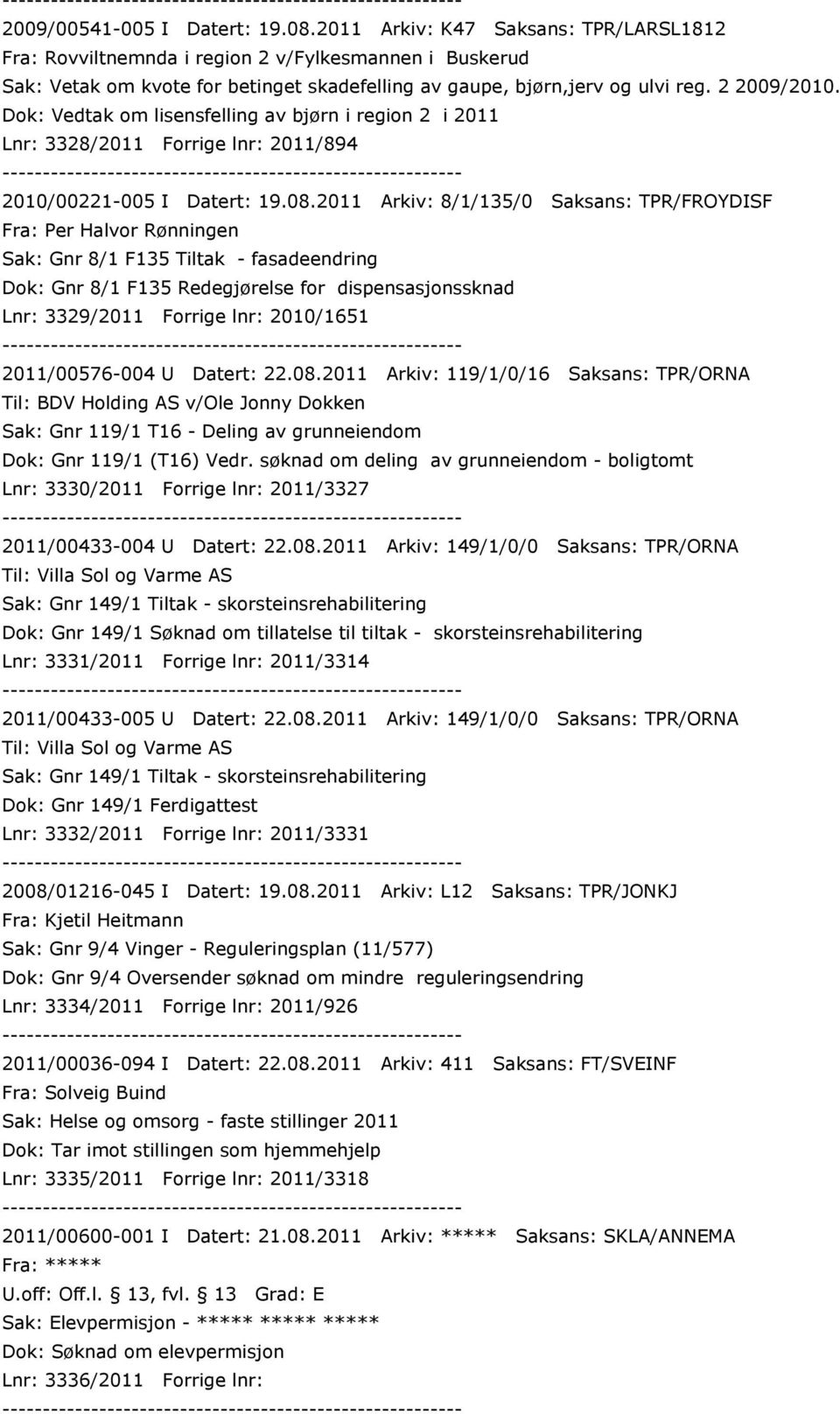 Dok: Vedtak om lisensfelling av bjørn i region 2 i 2011 Lnr: 3328/2011 Forrige lnr: 2011/894 2010/00221-005 I Datert: 19.08.