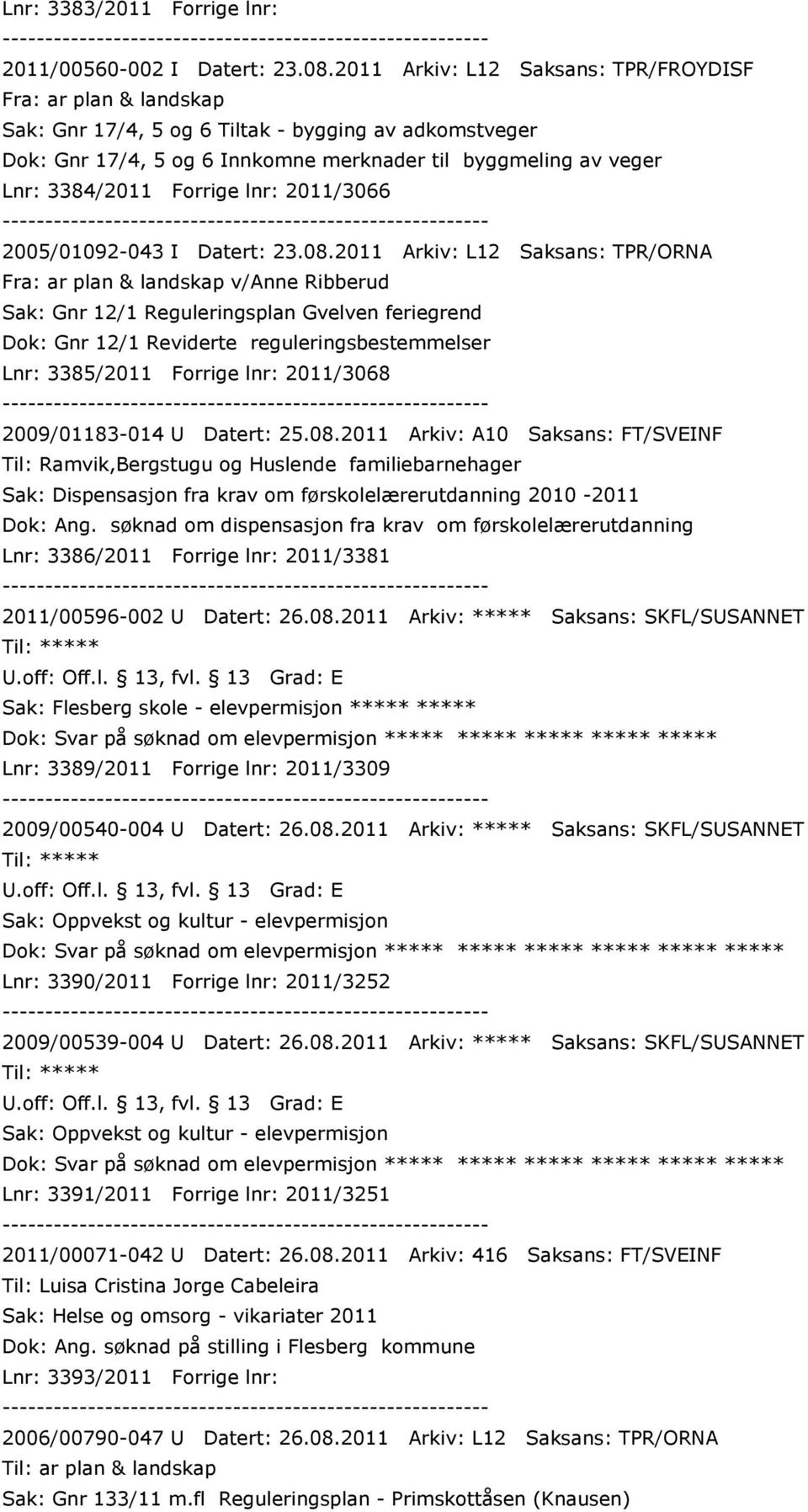 Forrige lnr: 2011/3066 2005/01092-043 I Datert: 23.08.