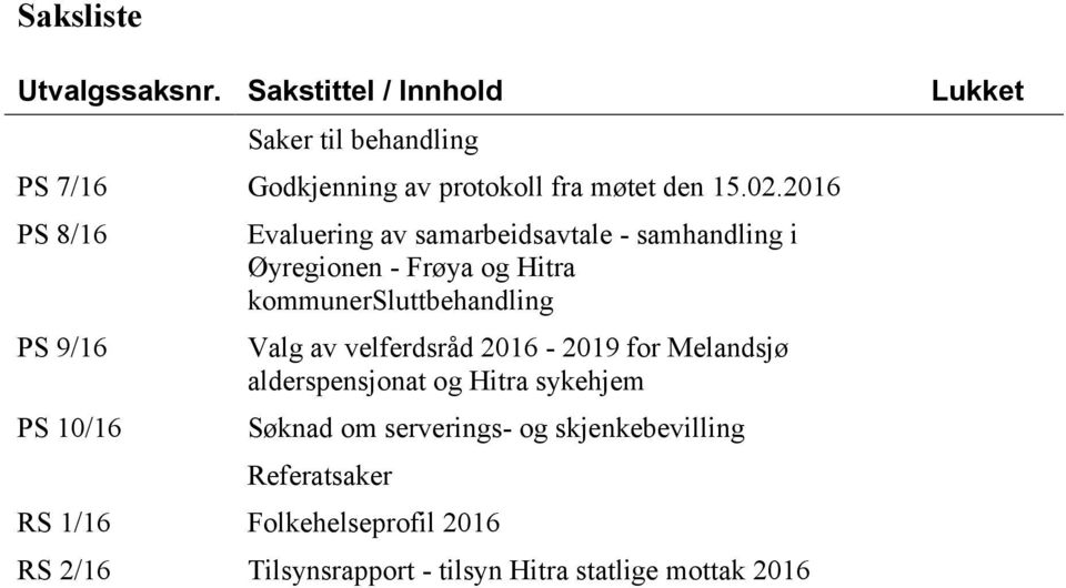 2016 PS 8/16 PS 9/16 PS 10/16 Evaluering av samarbeidsavtale - samhandling i Øyregionen - Frøya og Hitra