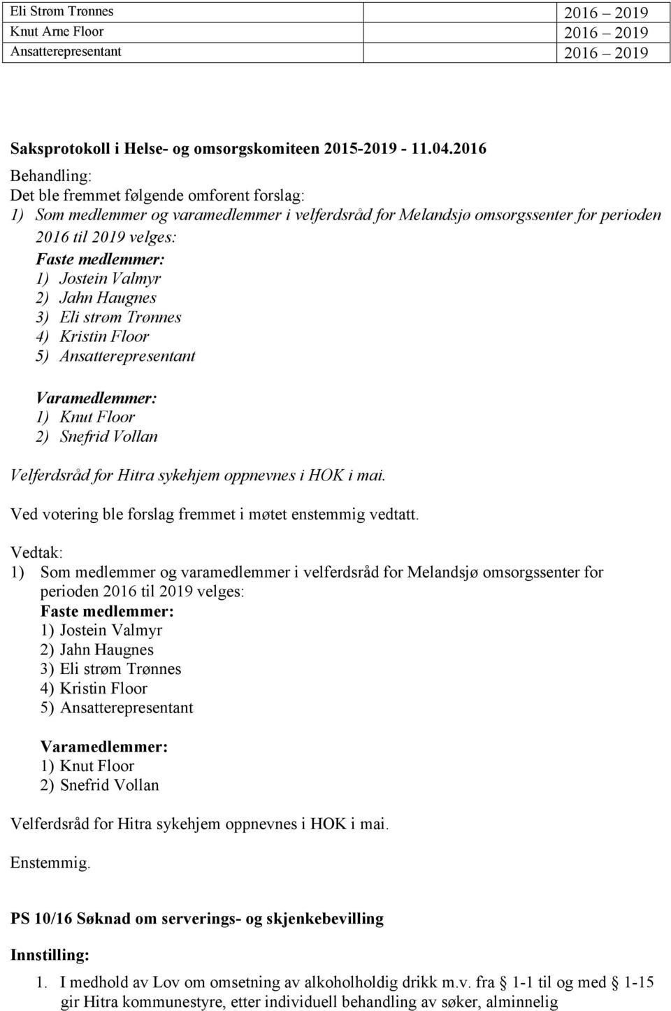 Valmyr 2) Jahn Haugnes 3) Eli strøm Trønnes 4) Kristin Floor 5) Ansatterepresentant Varamedlemmer: 1) Knut Floor 2) Snefrid Vollan Velferdsråd for Hitra sykehjem oppnevnes i HOK i mai.