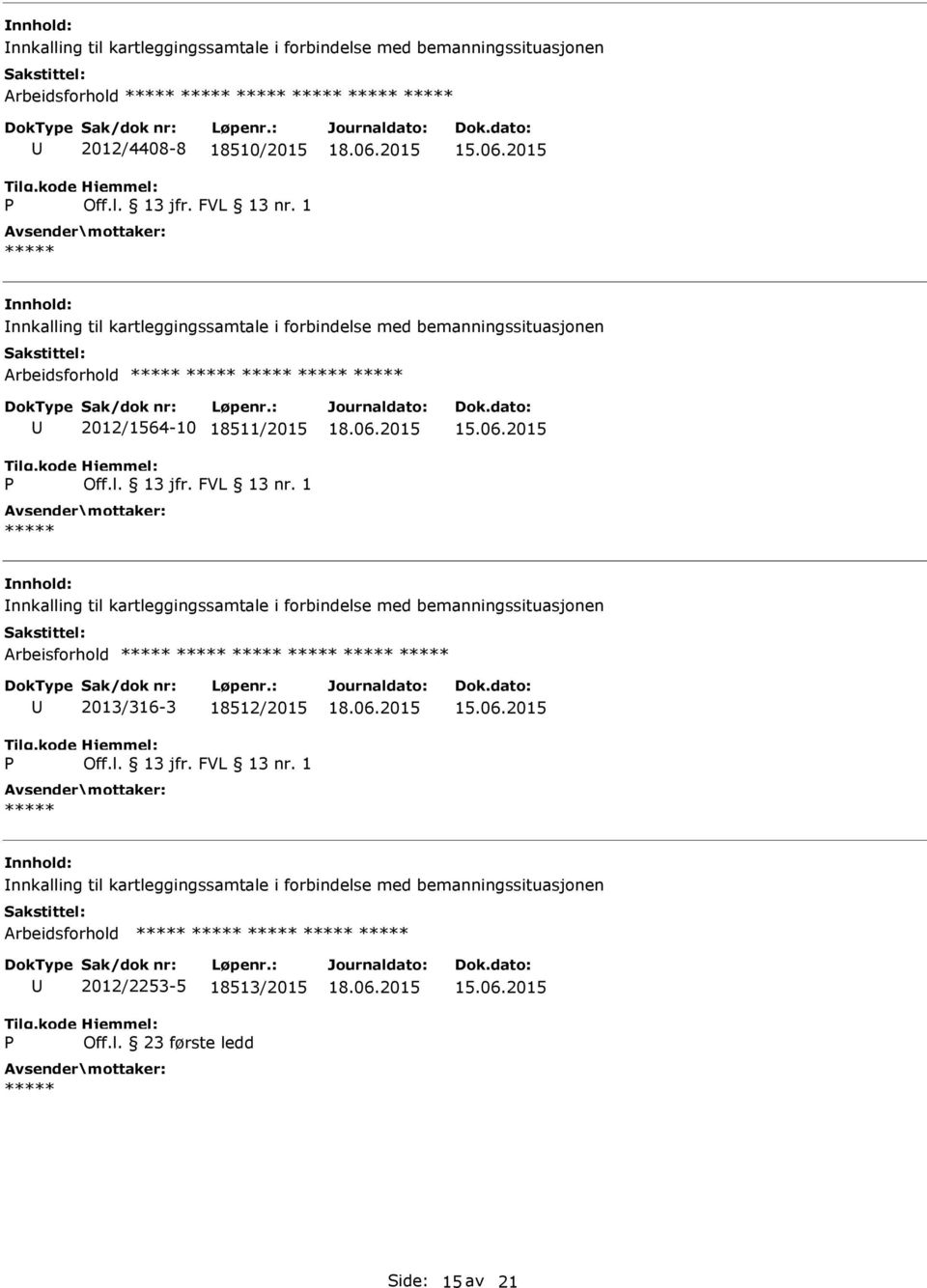 nnkalling til kartleggingssamtale i forbindelse med bemanningssituasjonen Arbeisforhold 2013/316-3 18512/2015 nnkalling