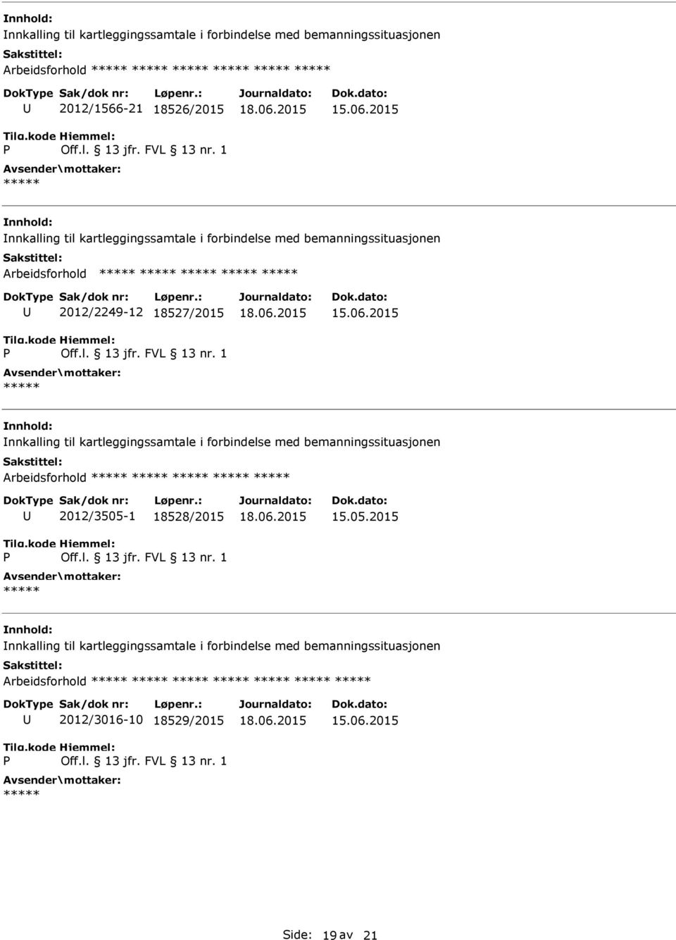 nnkalling til kartleggingssamtale i forbindelse med bemanningssituasjonen Arbeidsforhold 2012/3505-