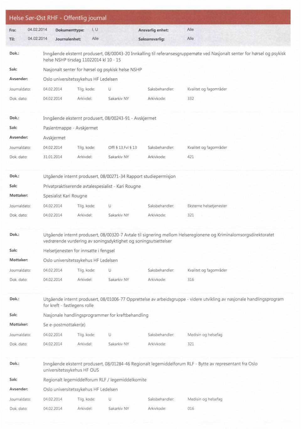 : Inngående eksternt produsert, 08/00243-91 - Avskjermet Sak: Pasientmappe - Avskjermet Avskjermet Journaldato: 04.02.2014 Tilg. kode: Offl 13,Fv1 13 Saksbehandler: Kvalitet og fagområder Dok.