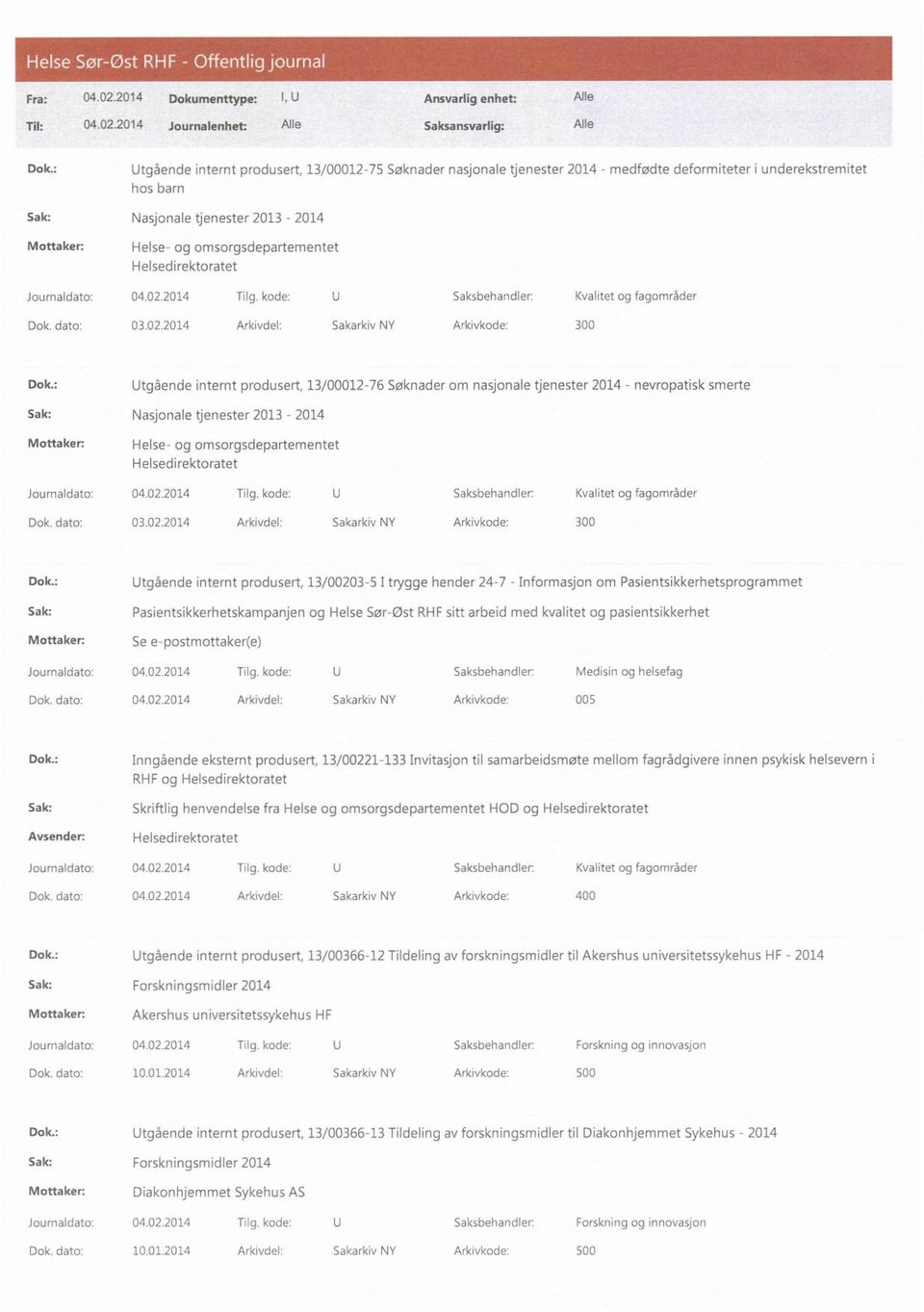 Helsedirektoratet Journaldato: 04.02.2014 Tilg. kode: U Saksbehandler: Kvahtet og fagområder Dok. dato: 03.02.2014 Arkivdel: Sakarkiv NY Arkivkode: 300 Dok.