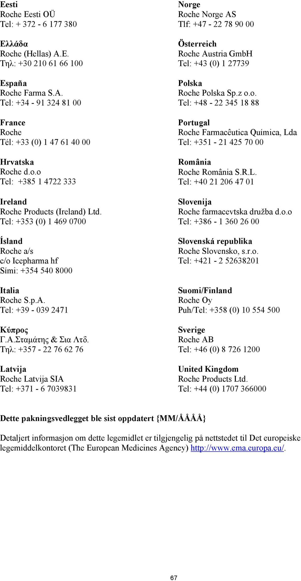 Τηλ: +357-22 76 62 76 Latvija Roche Latvija SIA Tel: +371-6 7039831 Norge Roche Norge AS Tlf: +47-22 78 90 00 Österreich Roche Austria GmbH Tel: +43 (0) 1 27739 Polska Roche Polska Sp.z o.o. Tel: +48-22 345 18 88 Portugal Roche Farmacêutica Química, Lda Tel: +351-21 425 70 00 România Roche România S.