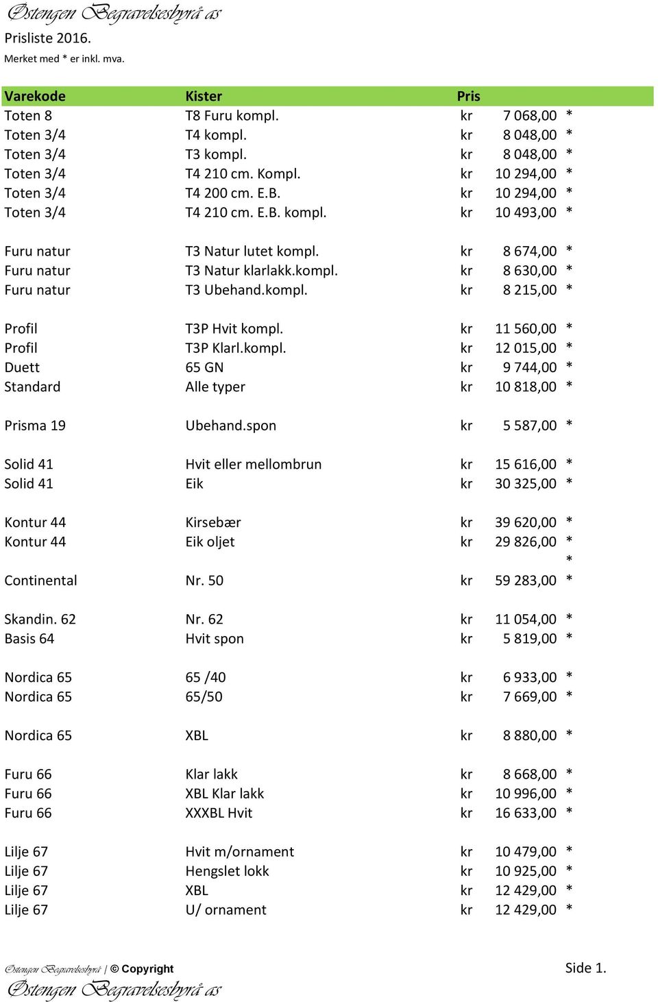 kr 11 560,00 * Profil T3P Klarl.kompl. kr 12 015,00 * Duett 65 GN kr 9 744,00 * Standard Alle typer kr 10 818,00 * Prisma 19 Ubehand.
