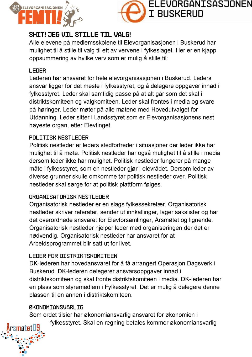 Leders ansvar ligger for det meste i fylkesstyret, og å delegere oppgaver innad i fylkesstyret. Leder skal samtidig passe på at alt går som det skal i distriktskomiteen og valgkomiteen.