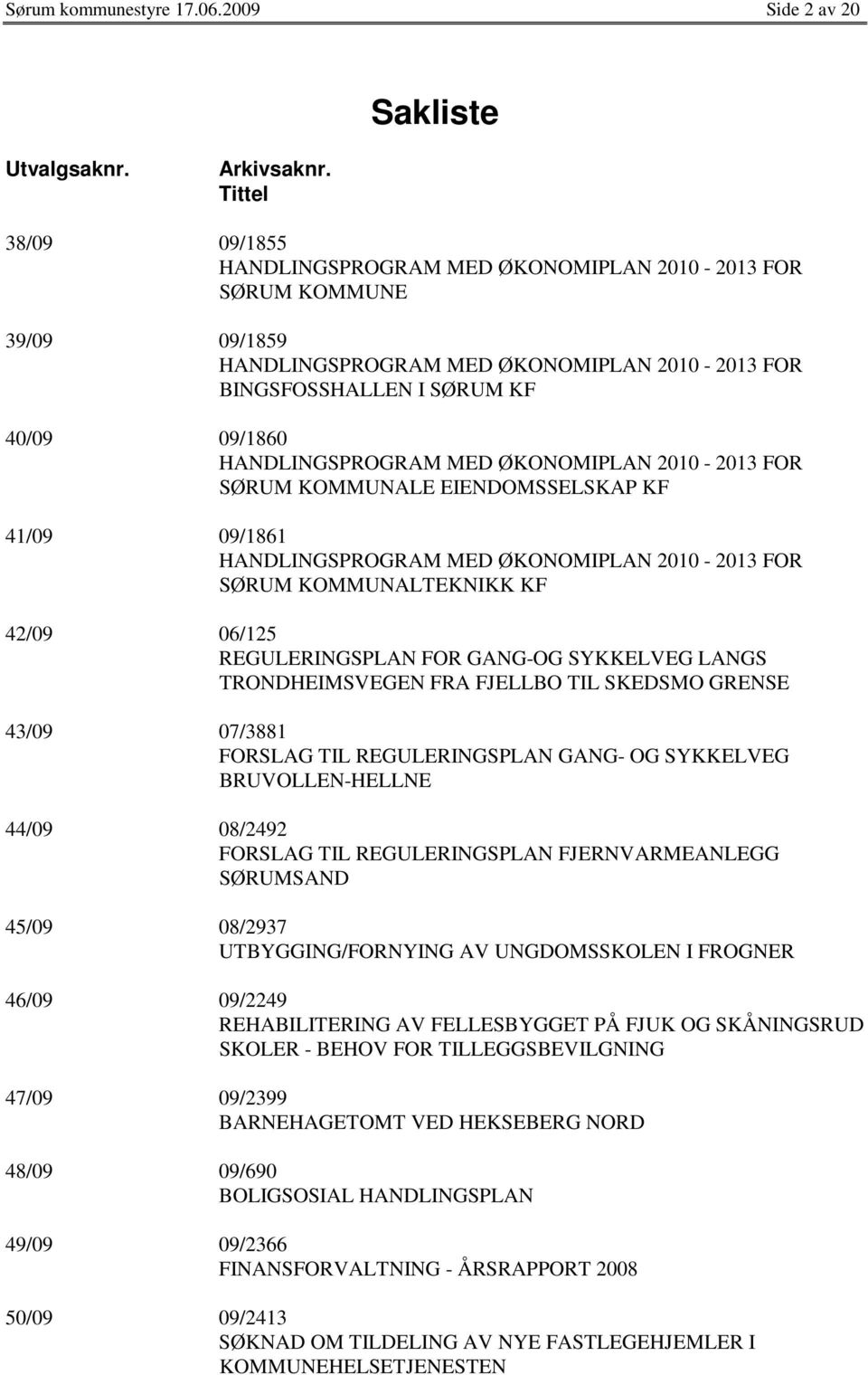 HANDLINGSPROGRAM MED ØKONOMIPLAN 2010-2013 FOR SØRUM KOMMUNALE EIENDOMSSELSKAP KF 41/09 09/1861 HANDLINGSPROGRAM MED ØKONOMIPLAN 2010-2013 FOR SØRUM KOMMUNALTEKNIKK KF 42/09 06/125 REGULERINGSPLAN