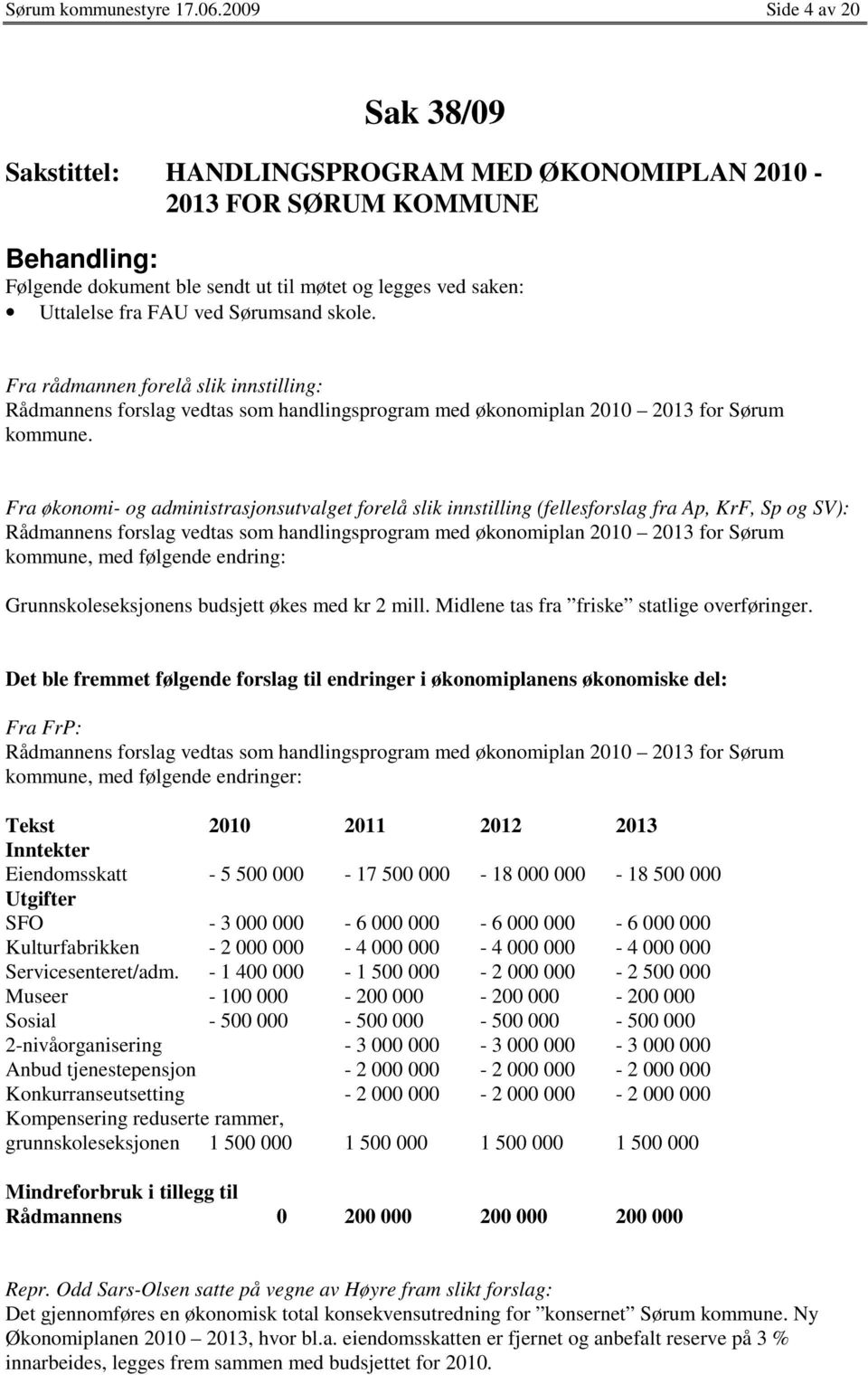 Fra rådmannen forelå slik innstilling: Rådmannens forslag vedtas som handlingsprogram med økonomiplan 2010 2013 for Sørum kommune.