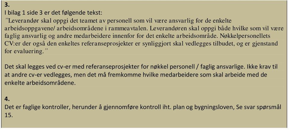 Nøkkelpersonellets CV:er der også den enkeltes referanseprosjekter er synliggjort skal vedlegges tilbudet, og er gjenstand for evaluering.