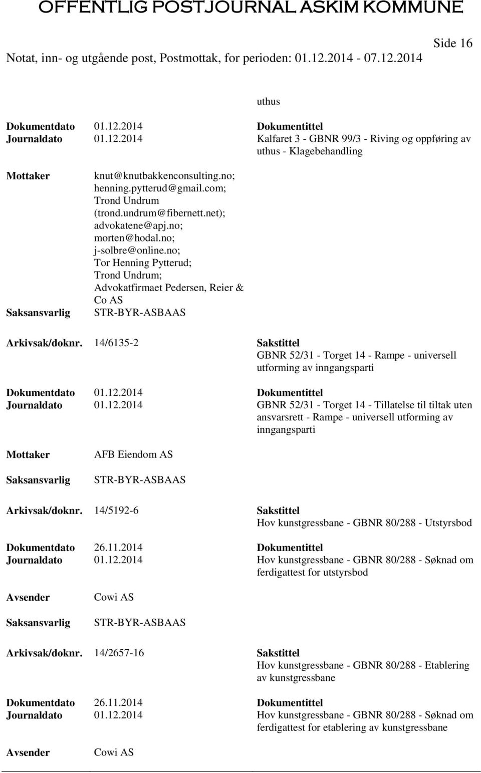 14/6135-2 Sakstittel GBNR 52/31 - Torget 14 - Rampe - universell utforming av inngangsparti Journaldato 01.12.