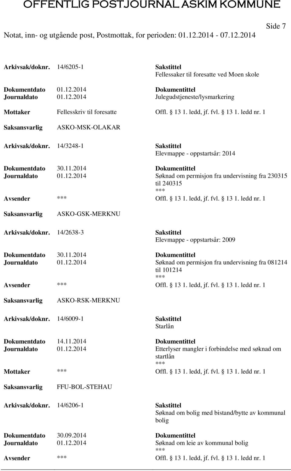 2014 Søknad om permisjon fra undervisning fra 230315 til 240315 Offl. 13 1. ledd, jf. fvl. 13 1. ledd nr. 1 ASKO-GSK-MERKNU Arkivsak/doknr.