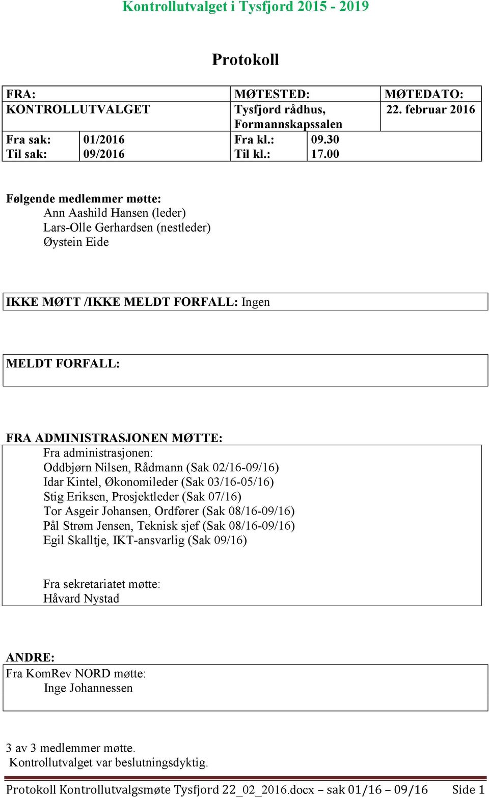 administrasjonen: Oddbjørn Nilsen, Rådmann (Sak 02/16-09/16) Idar Kintel, Økonomileder (Sak 03/16-05/16) Stig Eriksen, Prosjektleder (Sak 07/16) Tor Asgeir Johansen, Ordfører (Sak 08/16-09/16) Pål