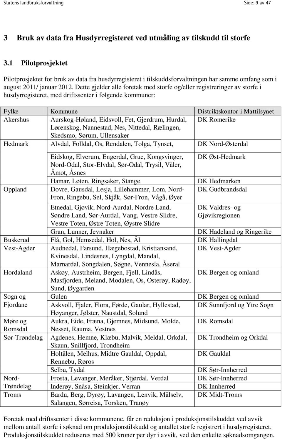 Dette gjelder alle foretak med storfe og/eller registreringer av storfe i husdyrregisteret, med driftssenter i følgende kommuner: Fylke Kommune Distriktskontor i Mattilsynet Akershus Aurskog-Høland,