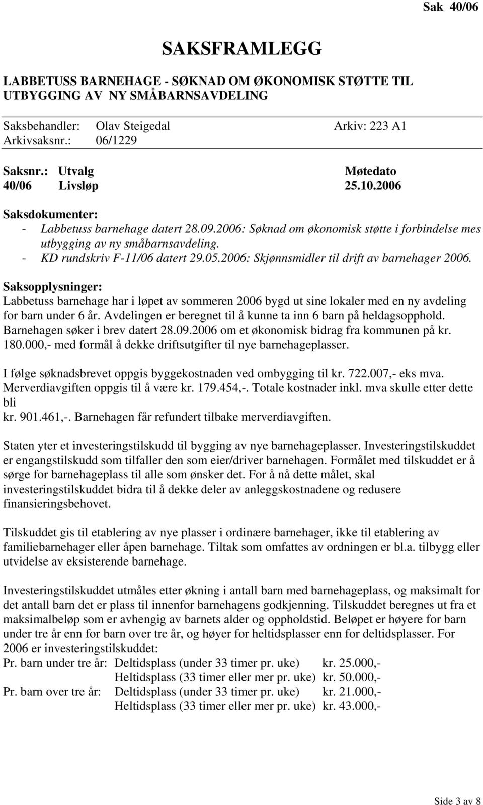 - KD rundskriv F-11/06 datert 29.05.2006: Skjønnsmidler til drift av barnehager 2006.