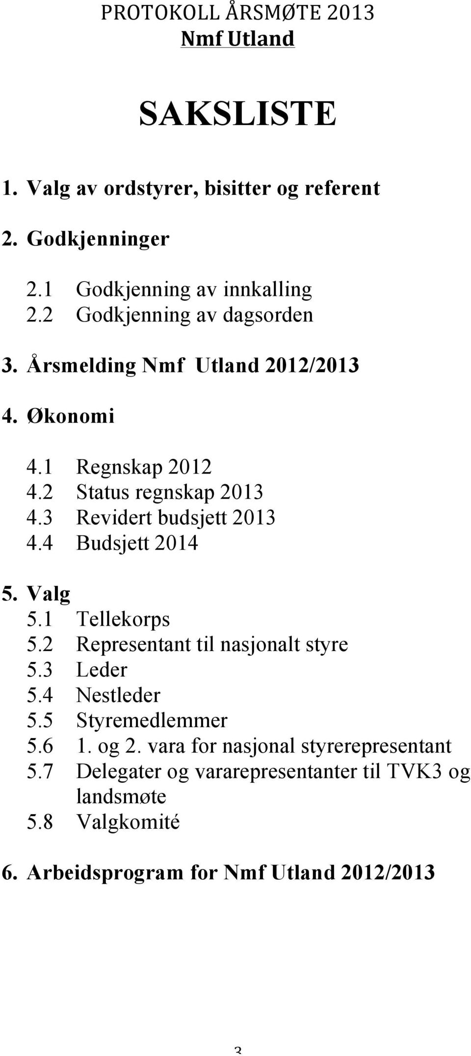 Valg 5.1 Tellekorps 5.2 Representant til nasjonalt styre 5.3 Leder 5.4 Nestleder 5.5 Styremedlemmer 5.6 1. og 2.