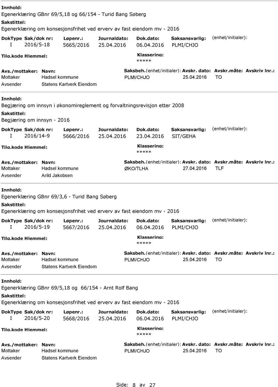 /mottaker: Navn: Saksbeh. vskr. dato: vskr.måte: vskriv lnr.: ØKO/TLH 27.04.2016 TLF vsender rild Jakobsen nnhold: Egenerklæring GBnr 69/3,6 - Turid Bang Søberg 2016/5-19 5667/2016 06.04.2016 PLM/CHJO vs.