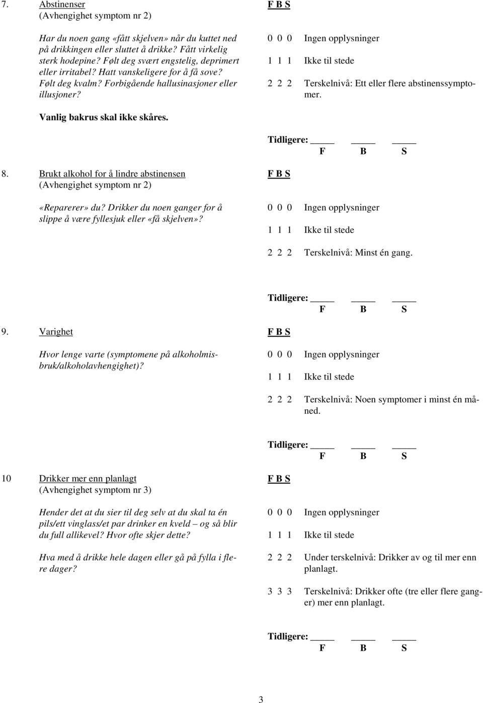 2 2 2 Terskelnivå: Ett eller flere abstinenssymptomer. Vanlig bakrus skal ikke skåres. 8. Brukt alkohol for å lindre abstinensen (Avhengighet symptom nr 2) «Reparerer» du?