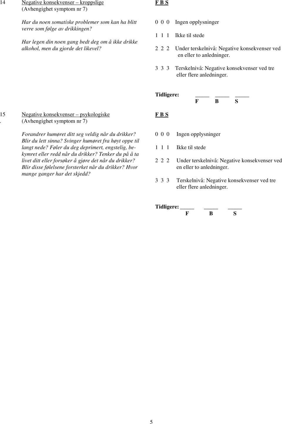 3 3 3 Terskelnivå: Negative konsekvenser ved tre eller flere anledninger. 15. Negative konsekvenser psykologiske (Avhengighet symptom nr 7) Forandrer humøret ditt seg veldig når du drikker?