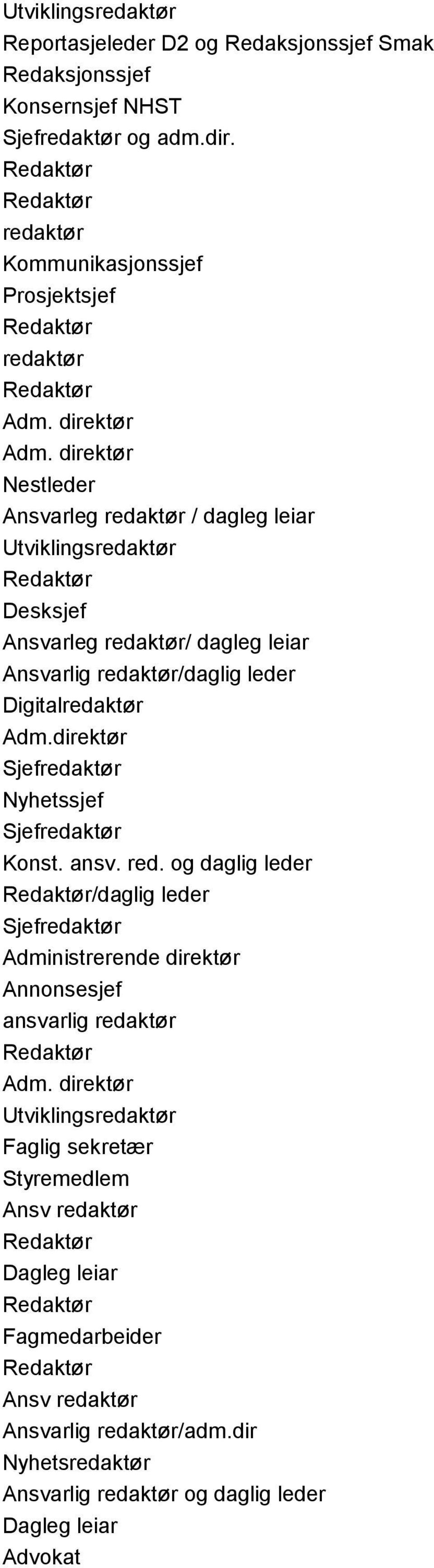 direktør Nestleder Ansvarleg / dagleg leiar Utviklings Desksjef Ansvarleg / dagleg leiar Ansvarlig /daglig leder Digital Adm.