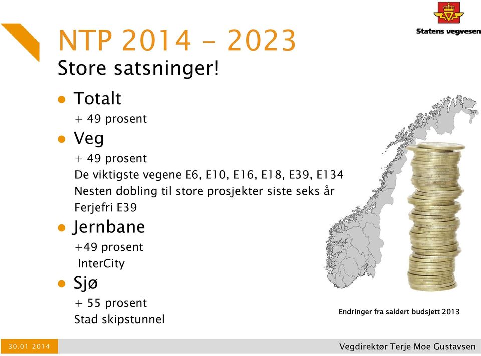 E134 Nesten dobling til store prosjekter siste seks år Ferjefri E39 Jernbane +49