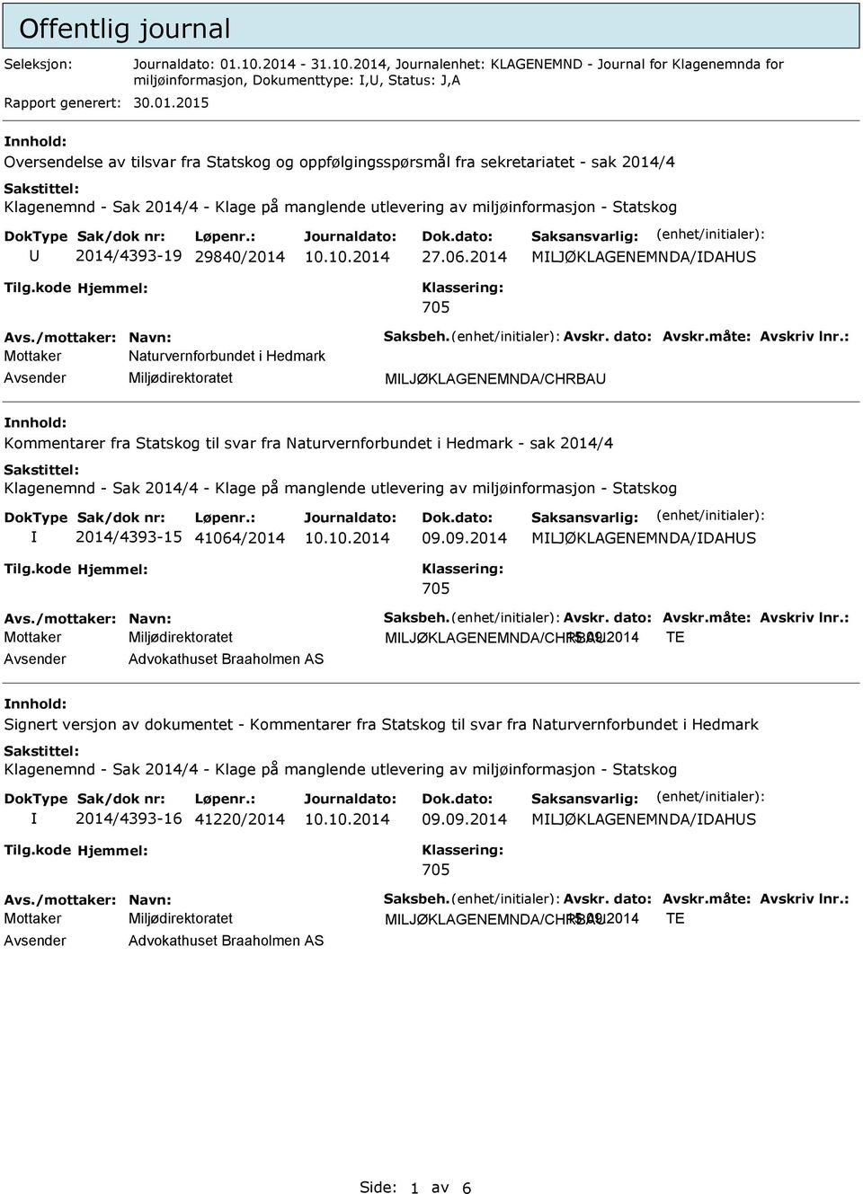 09.2014 MLJØKLAGENEMNDA/CHRBA 15.09.2014 TE Advokathuset Braaholmen AS Signert versjon av dokumentet - Kommentarer fra Statskog til svar fra Naturvernforbundet i Hedmark 2014/4393-16 41220/2014 09.