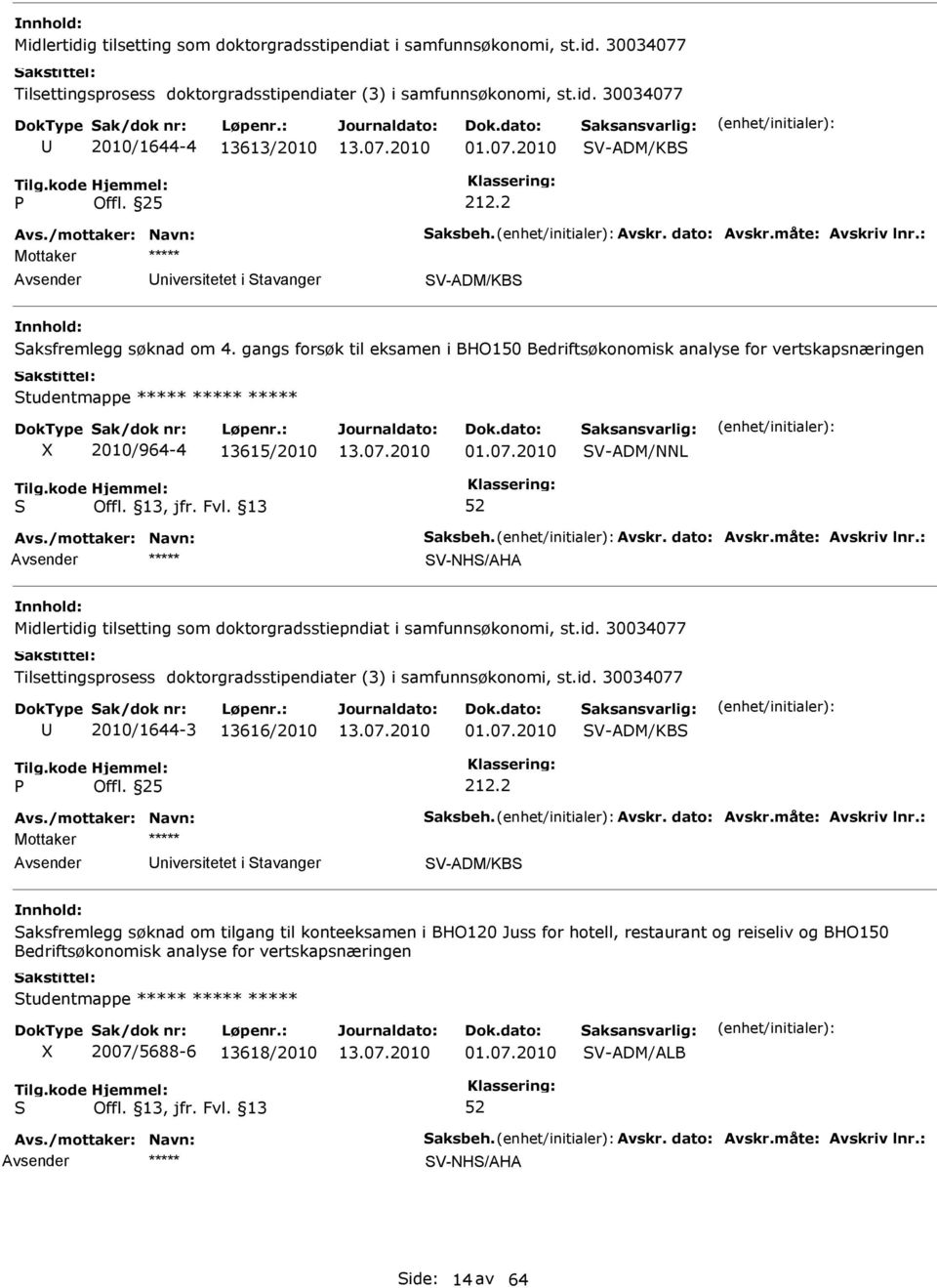 2010 V-ADM/NNL V-NH/AHA Midlertidig tilsetting som doktorgradsstiepndiat i samfunnsøkonomi, st.id. 30034077 Tilsettingsprosess doktorgradsstipendiater (3) i samfunnsøkonomi, st.id. 30034077 2010/1644-3 13616/2010 01.