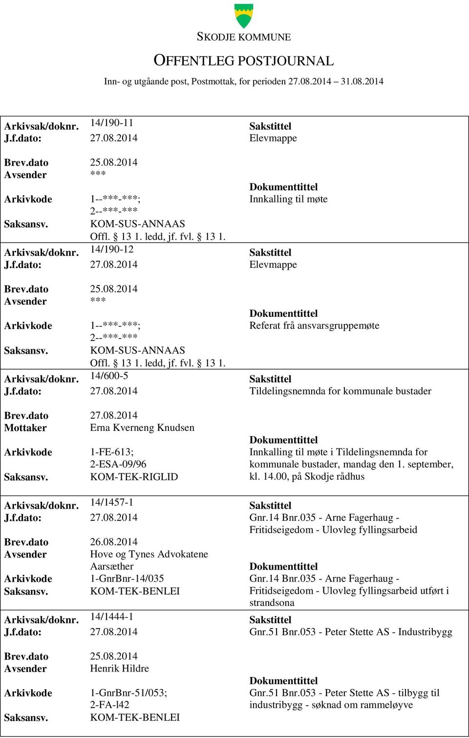 2014 Tildelingsnemnda for kommunale bustader Mottaker Erna Kverneng Knudsen 1-FE-613; 09/96 KOM-TEK-RIGLID Innkalling til møte i Tildelingsnemnda for kommunale bustader, mandag den 1. september, kl.