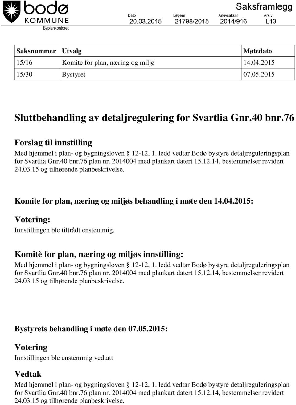2015 Sluttbehandling av detaljregulering for Svartlia Gnr.40 bnr.