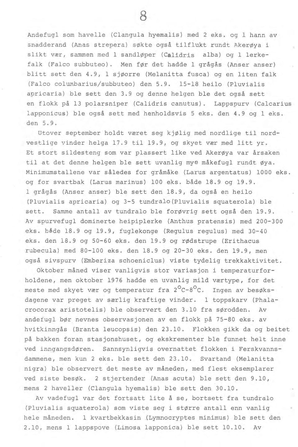 9 og denne hegen be det også sett en fokk på 13 poarsniper (Caidris canutus). Lappspurv (Cacarius apponicus) be også sett med henhodsvis 5 eks. den 4.9 og eks. den 5.9. Utover september hodt været seg kjøig med nordige ti nordvestige v inder hega 17.