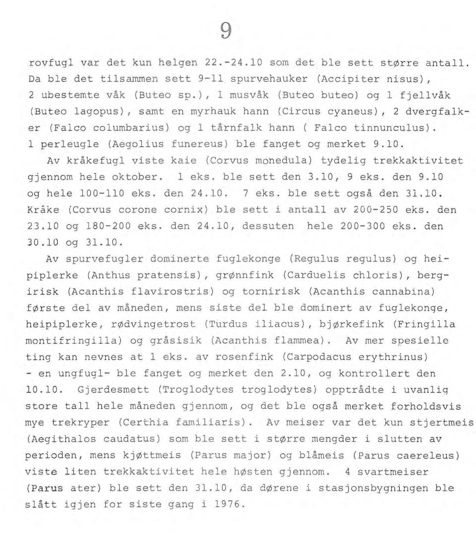 pereuge (Aegoius funereus) be fanget og merket 9.10. Av kråkefug viste kaie (Corvus monedua) tydeig trekkaktivitet gjennom hee oktober. eks. be sett den 3.10, 9 eks. den 9.10 og hee 100-110 eks.