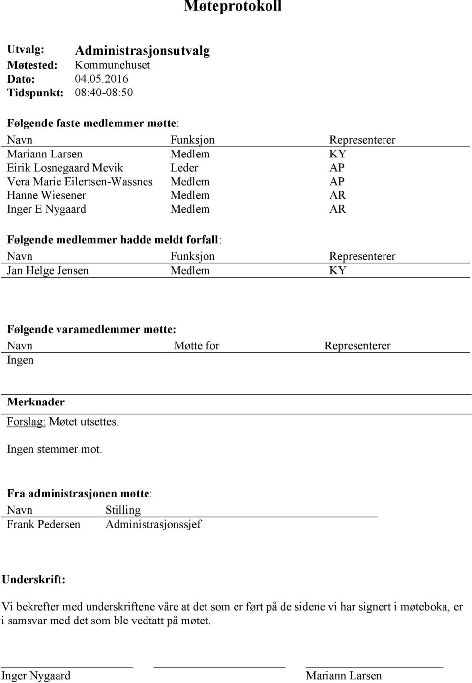 E Nygaard AP AR AR Følgende medlemmer hadde meldt forfall: Navn Funksjon Representerer Jan Helge Jensen KY Følgende varamedlemmer møtte: Navn Møtte for Representerer Ingen Merknader