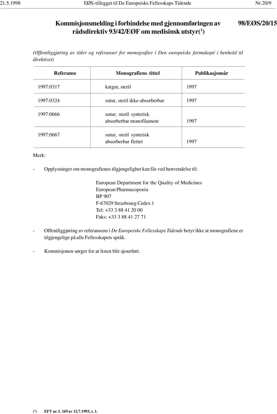 farmakopé i henhold til direktivet) Referanse Monografiens tittel Publikasjonsår 1997:0317 katgut, steril 1997 1997:0324 sutur, steril ikke-absorberbar 1997 1997:0666 sutur, steril syntetisk