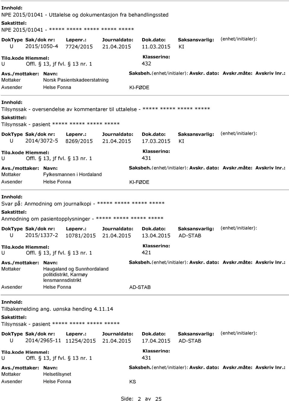 2014/3072-5 8269/2015 17.03.2015 K 431 Mottaker Fylkesmannen i Hordaland K-FØDE Svar på: Anmodning om journalkopi - ***** ***** ***** ***** 2015/1337-2 10781/2015 13.04.