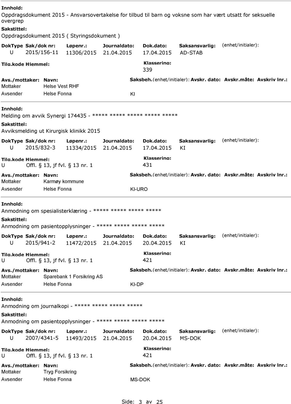 2015 339 Mottaker Helse Vest RHF K Melding om avvik Synergi 174435 - ***** ***** ***** ***** ***** Avviksmelding ut Kirurgisk klinikk 2015 2015/832-3