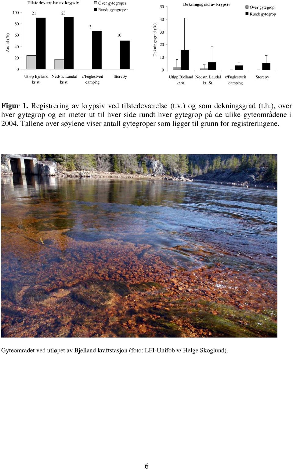 reøy 0 Utløp Bjelland kr.st. Nedstr. Laudal kr. St. v/fuglestveit camping Storeøy Figur 1. Registrering av krypsiv ved tilstedeværelse (t.v.) og som dekningsgrad (t.h.