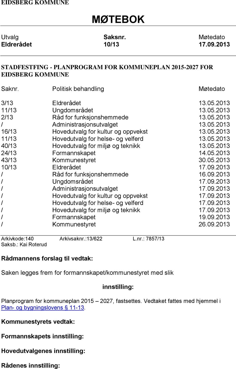 05.2013 11/13 Hovedutvalg for helse- og velferd 13.05.2013 40/13 Hovedutvalg for miljø og teknikk 13.05.2013 24/13 Formannskapet 14.05.2013 43/13 Kommunestyret 30.05.2013 10/13 Eldrerådet 17.09.