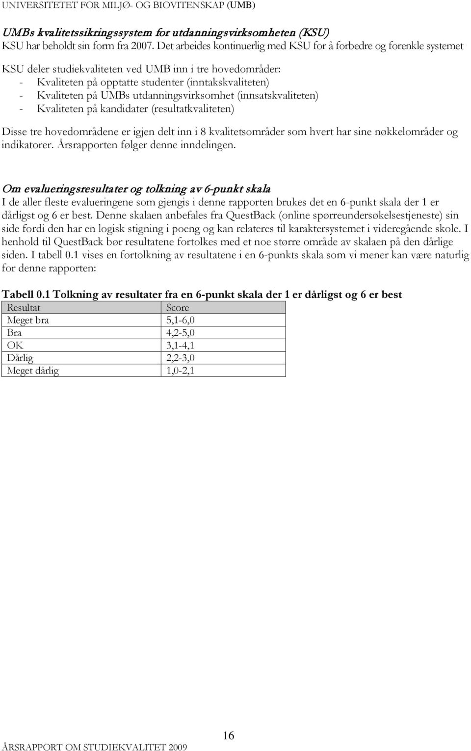 UMBs utdanningsvirksomhet (innsatskvaliteten) - Kvaliteten på kandidater (resultatkvaliteten) Disse tre hovedområdene er igjen delt inn i 8 kvalitetsområder som hvert har sine nøkkelområder og