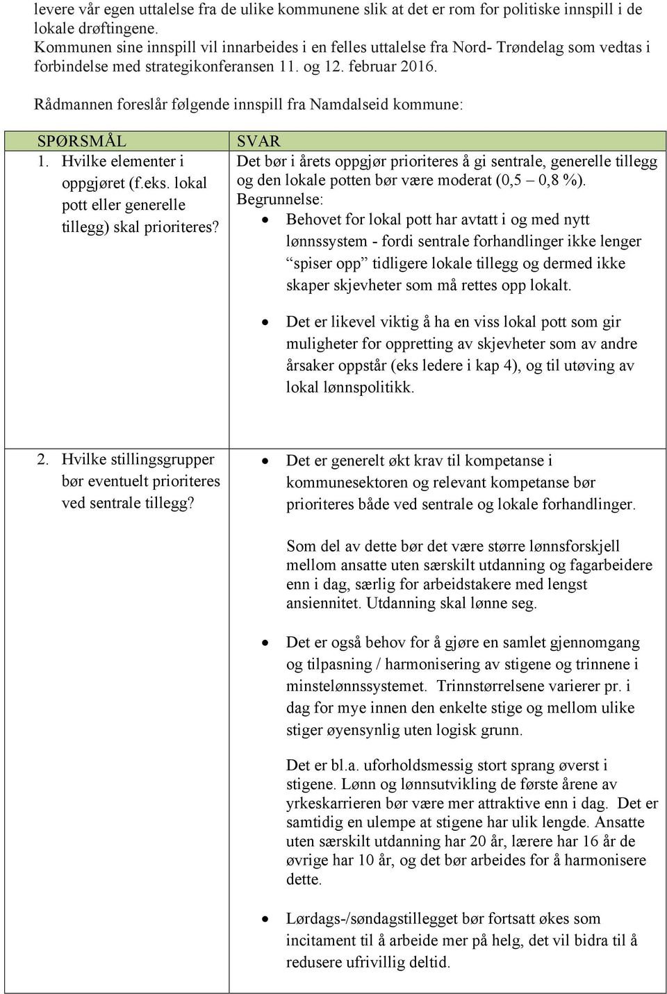 Rådmannen foreslår følgende innspill fra Namdalseid kommune: SPØRSMÅL 1. Hvilke elementer i oppgjøret (f.eks. lokal pott eller generelle tillegg) skal prioriteres?