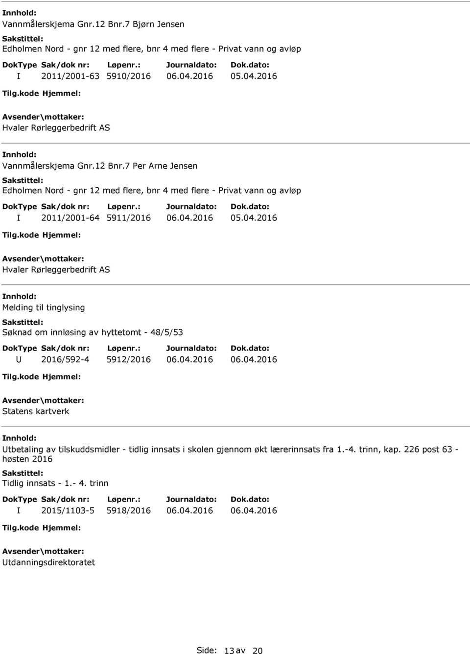 12 med flere, bnr 4 med flere - Privat vann og avløp 2011/2001-64 5911/2016 Melding til tinglysing Søknad om innløsing av hyttetomt - 48/5/53