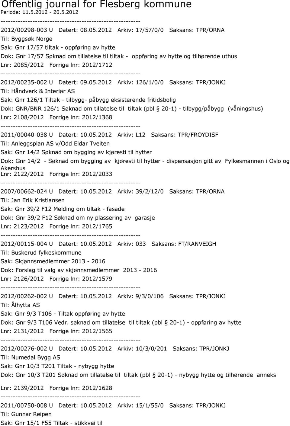 2085/2012 Forrige lnr: 2012/1712 2012/00235-002 U Datert: 09.05.