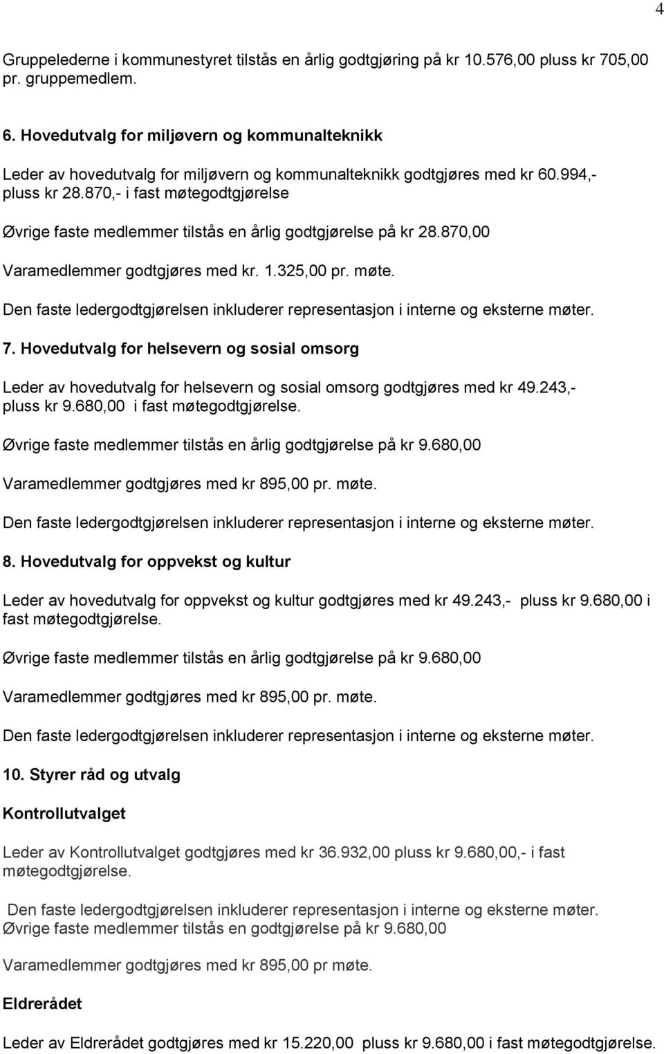 870,- i fast møtegodtgjørelse Øvrige faste medlemmer tilstås en årlig godtgjørelse på kr 28.870,00 Varamedlemmer godtgjøres med kr. 1.325,00 pr. møte. 7.