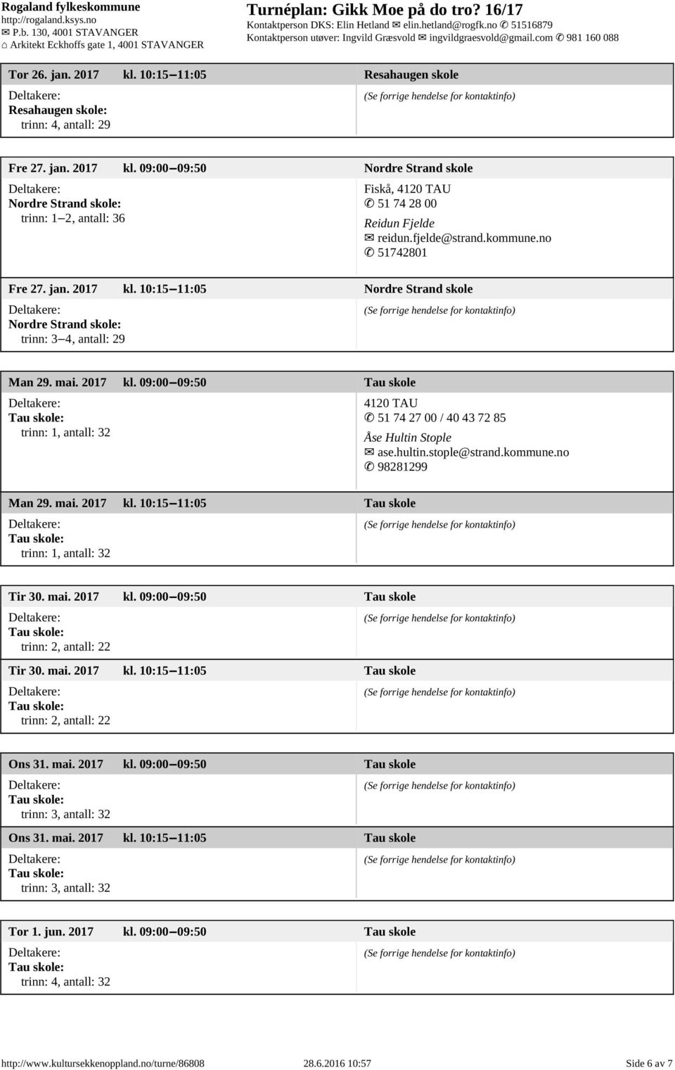 hultin.stople@strand.kommune.no 98281299 Man 29. mai. 2017 kl. 10:15 11:05 Tau skole trinn: 1, antall: 32 Tir 30. mai. 2017 kl. 09:00 09:50 Tau skole trinn: 2, antall: 22 Tir 30. mai. 2017 kl. 10:15 11:05 Tau skole trinn: 2, antall: 22 Ons 31.