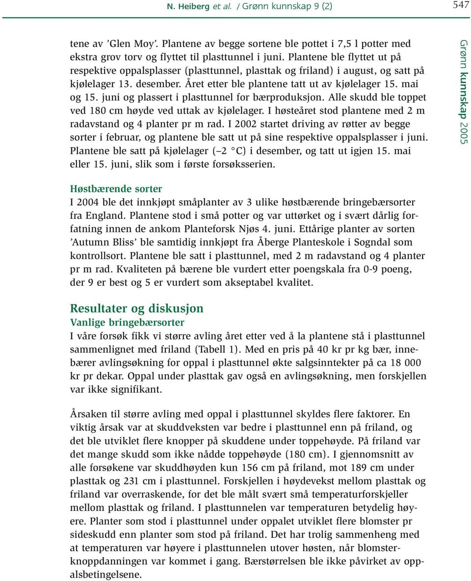 juni og plassert i plasttunnel for bærproduksjon. Alle skudd ble toppet ved 180 cm høyde ved uttak av kjølelager. I høsteåret stod plantene med 2 m radavstand og 4 planter pr m rad.