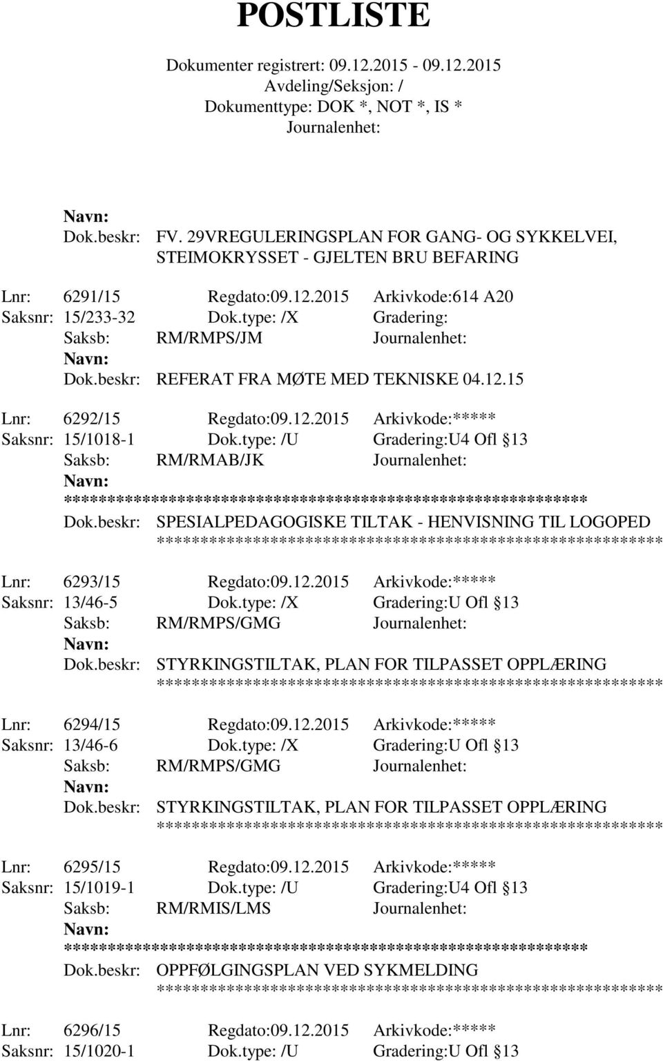 type: /U Gradering:U4 Ofl 13 Saksb: RM/RMAB/JK ** Dok.beskr: SPESIALPEDAGOGISKE TILTAK - HENVISNING TIL LOGOPED Lnr: 6293/15 Regdato:09.12.2015 Arkivkode:***** Saksnr: 13/46-5 Dok.